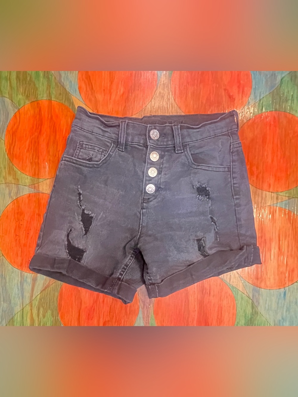Justice Jean Shorts Girls Sz 14 Black Buttenfly Distressed Ripped Denim Faded